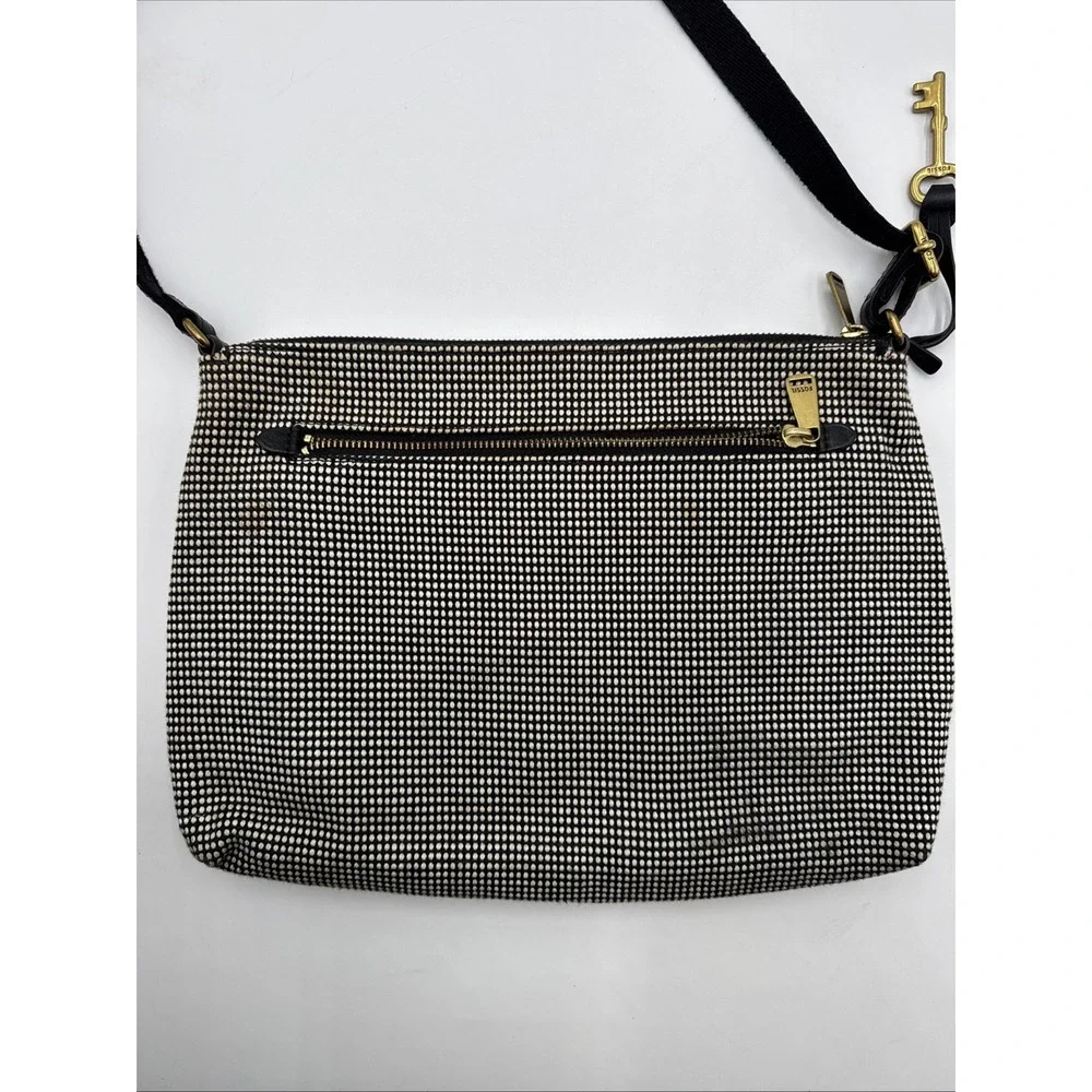 Fossil Kinley Crossbody Handbag Messenger Bag Purse Black White Bronze key Tag